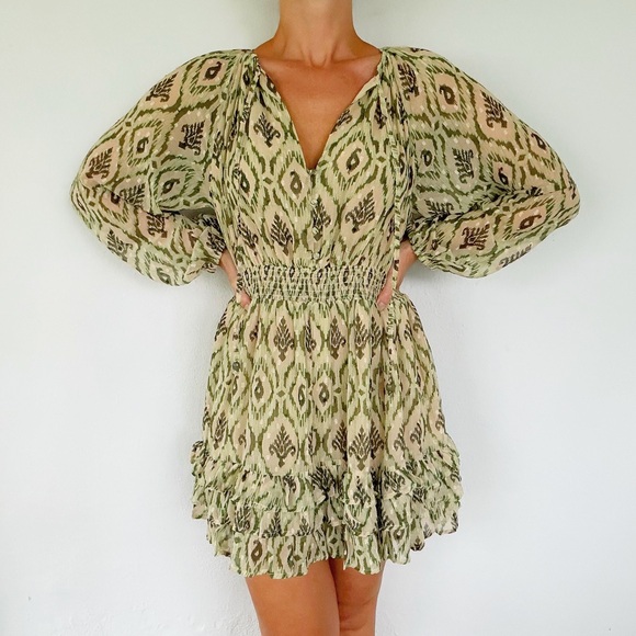 ZARA green abstract print long sleeve chiffon Swiss dot tie neck dress size XS - Picture 2 of 12